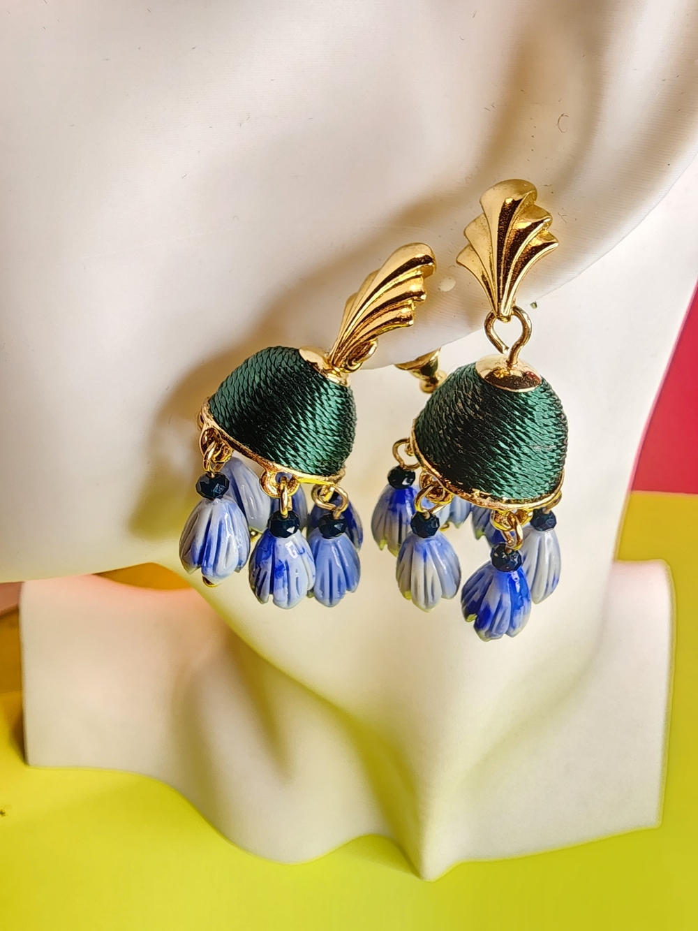 Monet Gold-Tone Silk Thread Green & Blue Drop Earrings โ Elegant Floral Jhumka